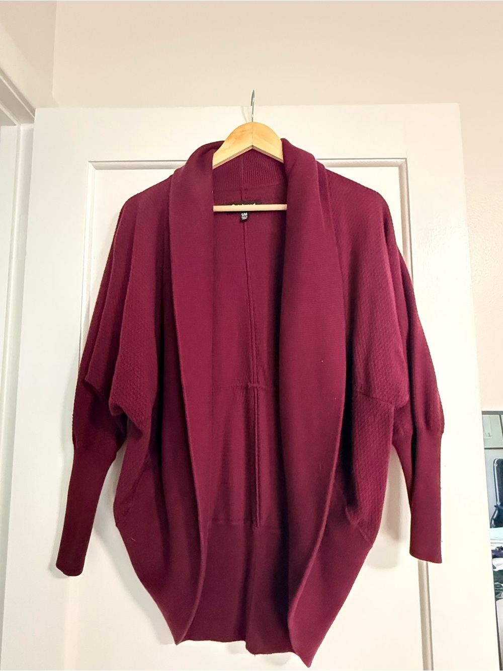 Betabrand Burgundy Open-Front Shawl-Collar Cardigan